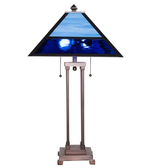 Meyda Lighting Split Mission 28" 2-Light Mahogany Bronze Table Lamp With Blue Shade Glass