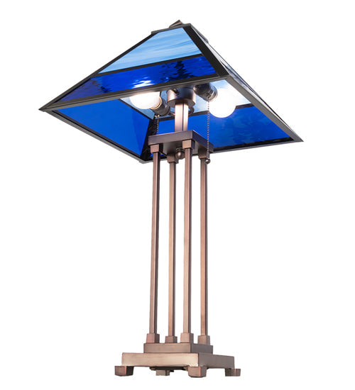 Meyda Lighting Split Mission 28" 2-Light Mahogany Bronze Table Lamp With Blue Shade Glass