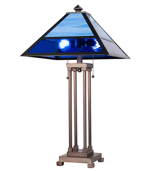 Meyda Lighting Split Mission 28" 2-Light Mahogany Bronze Table Lamp With Blue Shade Glass