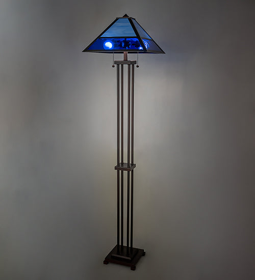 Meyda Lighting Split Mission 62" 2-Light Mahogany Bronze Floor Lamp With Blue Shade Glass