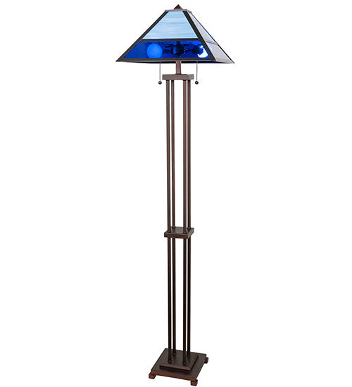 Meyda Lighting Split Mission 62" 2-Light Mahogany Bronze Floor Lamp With Blue Shade Glass