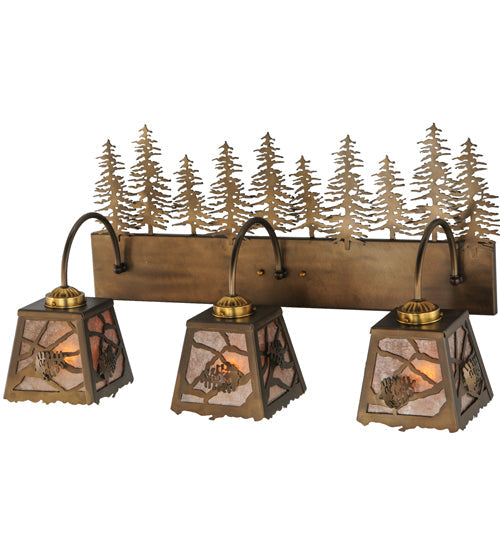 Meyda Lighting Spruce Pine 28" 3-Light Antique Copper Vanity Light With Silver Mica Shade Glass