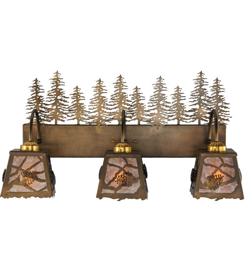 Meyda Lighting Spruce Pine 28" 3-Light Antique Copper Vanity Light With Silver Mica Shade Glass