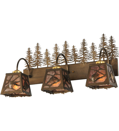 Meyda Lighting Spruce Pine 28" 3-Light Antique Copper Vanity Light With Silver Mica Shade Glass