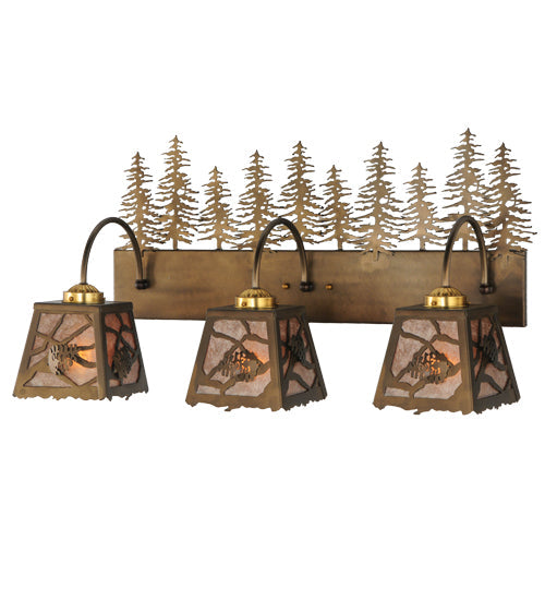 Meyda Lighting Spruce Pine 28" 3-Light Antique Copper Vanity Light With Silver Mica Shade Glass