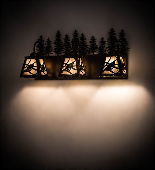 Meyda Lighting Spruce Pine 28" 3-Light Dark Burnished Antique Copper Vanity Light With Creme Carrare Idalight Shade Glass