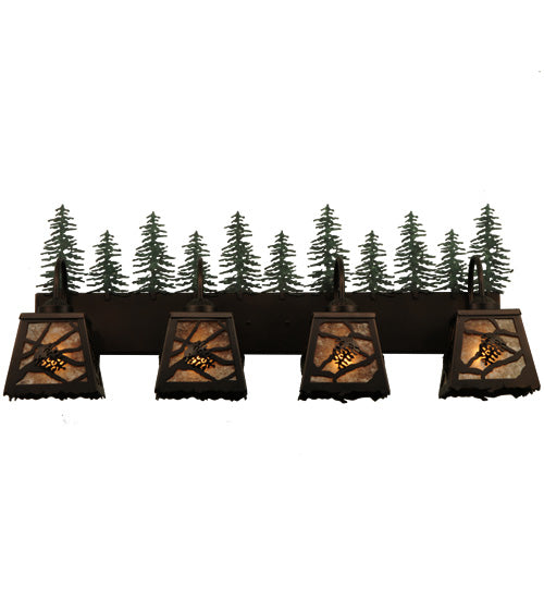 Meyda Lighting Spruce Pine 35" 4-Light Mahogany Bronze Vanity Light With Silver Mica Shade Glass