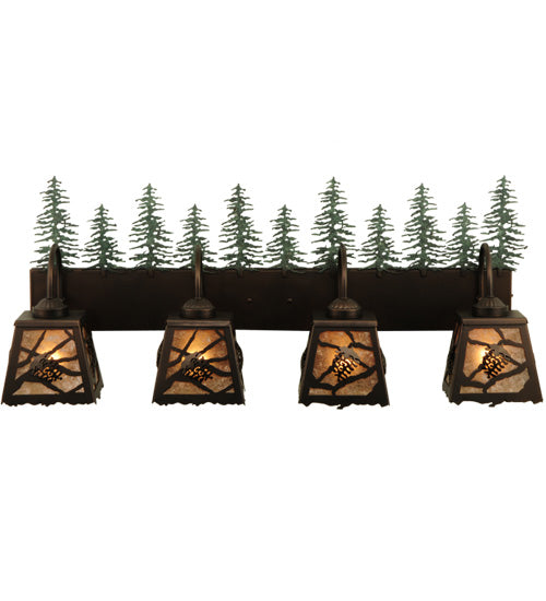 Meyda Lighting Spruce Pine 35" 4-Light Mahogany Bronze Vanity Light With Silver Mica Shade Glass