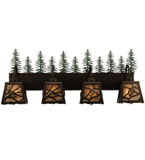 Meyda Lighting Spruce Pine 35" 4-Light Mahogany Bronze Vanity Light With Silver Mica Shade Glass