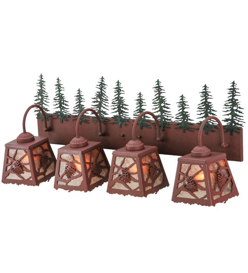 Meyda Lighting Spruce Pine 35" 4-Light Wrought Iron On Rust and Green Trees Vanity Light With Silver Mica Shade Glass