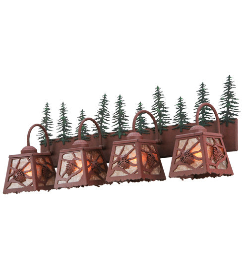 Meyda Lighting Spruce Pine 35" 4-Light Wrought Iron On Rust and Green Trees Vanity Light With Silver Mica Shade Glass