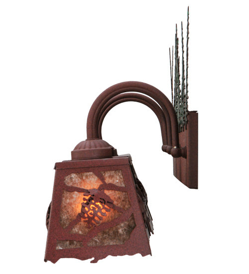 Meyda Lighting Spruce Pine 35" 4-Light Wrought Iron On Rust and Green Trees Vanity Light With Silver Mica Shade Glass