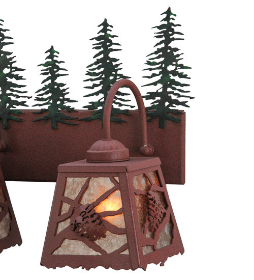 Meyda Lighting Spruce Pine 35" 4-Light Wrought Iron On Rust and Green Trees Vanity Light With Silver Mica Shade Glass