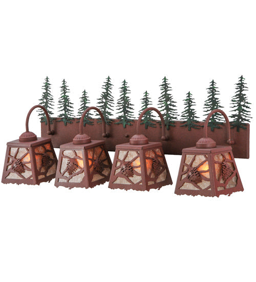 Meyda Lighting Spruce Pine 35" 4-Light Wrought Iron On Rust and Green Trees Vanity Light With Silver Mica Shade Glass