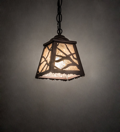 Meyda Lighting Spruce Pine 6"Sq Distressed Rust Mini Pendant Light With Silver Mica Shade Glass