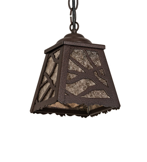 Meyda Lighting Spruce Pine 6"Sq Distressed Rust Mini Pendant Light With Silver Mica Shade Glass