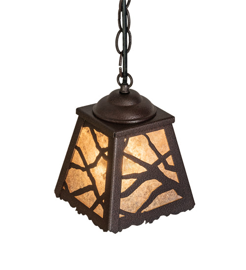 Meyda Lighting Spruce Pine 6"Sq Distressed Rust Mini Pendant Light With Silver Mica Shade Glass