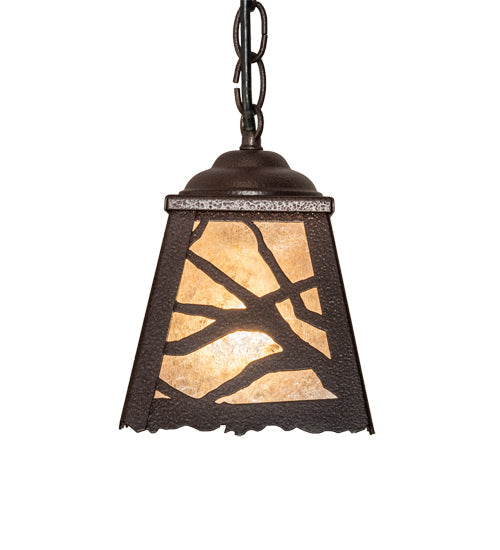 Meyda Lighting Spruce Pine 6"Sq Distressed Rust Mini Pendant Light With Silver Mica Shade Glass