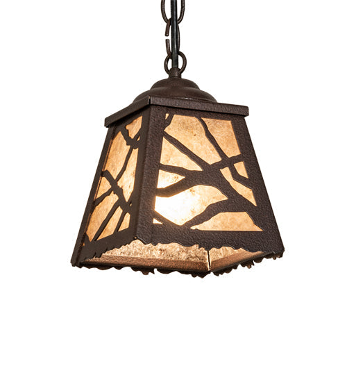 Meyda Lighting Spruce Pine 6"Sq Distressed Rust Mini Pendant Light With Silver Mica Shade Glass