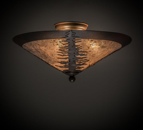 Meyda Lighting Spruce Tree 18" 3-Light Wrought Iron On Rust Flush Mount Light With Silver Mica Shade Glass