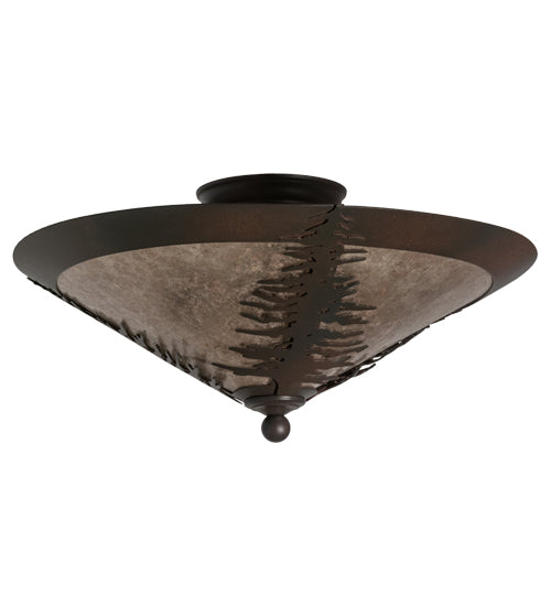 Meyda Lighting Spruce Tree 18" 3-Light Wrought Iron On Rust Flush Mount Light With Silver Mica Shade Glass