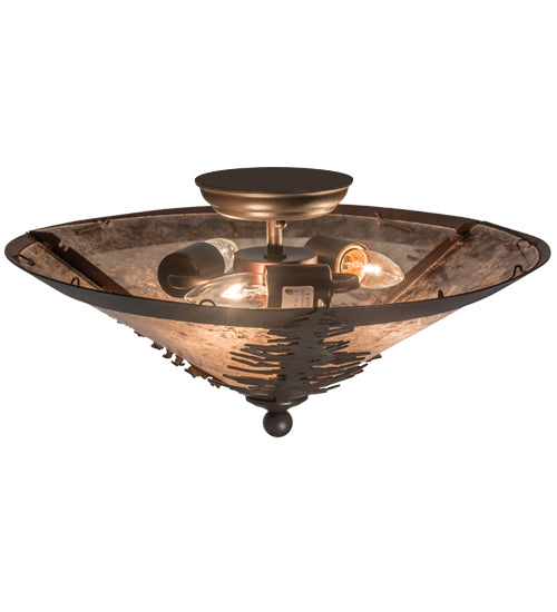 Meyda Lighting Spruce Tree 18" 3-Light Wrought Iron On Rust Flush Mount Light With Silver Mica Shade Glass