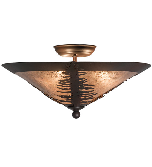 Meyda Lighting Spruce Tree 18" 3-Light Wrought Iron On Rust Flush Mount Light With Silver Mica Shade Glass