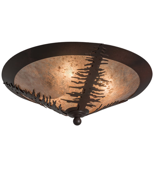 Meyda Lighting Spruce Tree 18" 3-Light Wrought Iron On Rust Flush Mount Light With Silver Mica Shade Glass