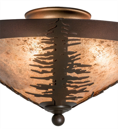 Meyda Lighting Spruce Tree 18" 3-Light Wrought Iron On Rust Flush Mount Light With Silver Mica Shade Glass