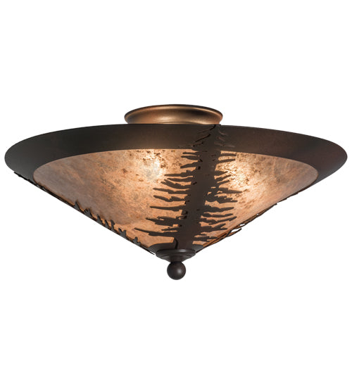 Meyda Lighting Spruce Tree 18" 3-Light Wrought Iron On Rust Flush Mount Light With Silver Mica Shade Glass