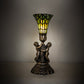 Meyda Lighting Stained Glass 13" Antique Brass Pond Lily Twin Cherub Accent Table Lamp With Green Shade Glass