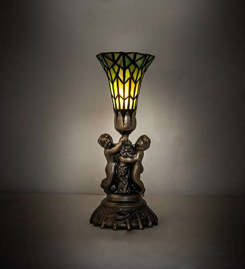 Meyda Lighting Stained Glass 13" Antique Brass Pond Lily Twin Cherub Accent Table Lamp With Green Shade Glass