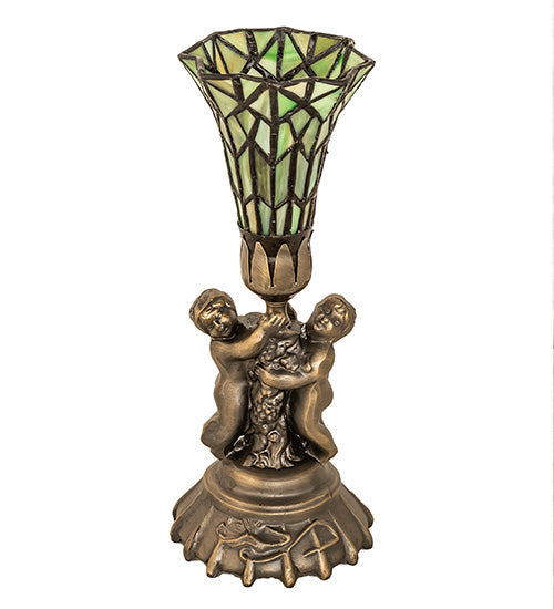 Meyda Lighting Stained Glass 13" Antique Brass Pond Lily Twin Cherub Accent Table Lamp With Green Shade Glass