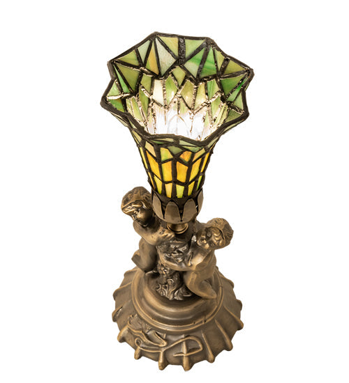 Meyda Lighting Stained Glass 13" Antique Brass Pond Lily Twin Cherub Accent Table Lamp With Green Shade Glass