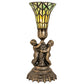 Meyda Lighting Stained Glass 13" Antique Brass Pond Lily Twin Cherub Accent Table Lamp With Green Shade Glass