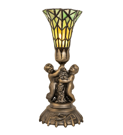Meyda Lighting Stained Glass 13" Antique Brass Pond Lily Twin Cherub Accent Table Lamp With Green Shade Glass