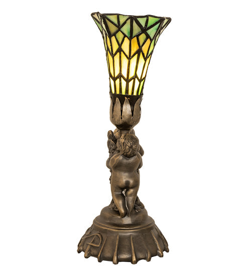 Meyda Lighting Stained Glass 13" Antique Brass Pond Lily Twin Cherub Accent Table Lamp With Green Shade Glass