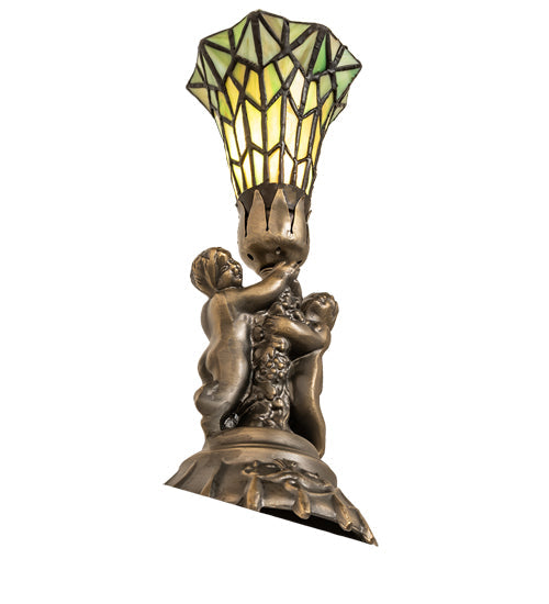 Meyda Lighting Stained Glass 13" Antique Brass Pond Lily Twin Cherub Accent Table Lamp With Green Shade Glass