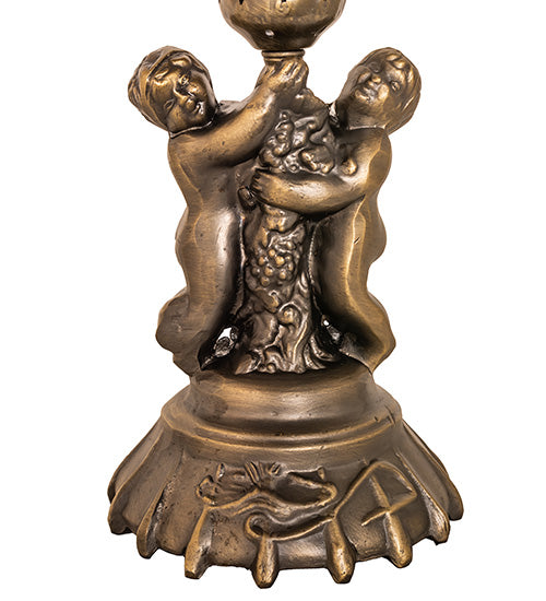 Meyda Lighting Stained Glass 13" Antique Brass Pond Lily Twin Cherub Accent Table Lamp With Green Shade Glass