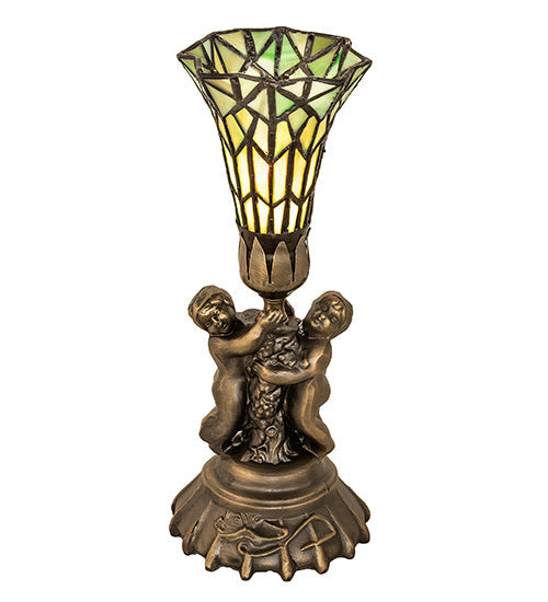 Meyda Lighting Stained Glass 13" Antique Brass Pond Lily Twin Cherub Accent Table Lamp With Green Shade Glass