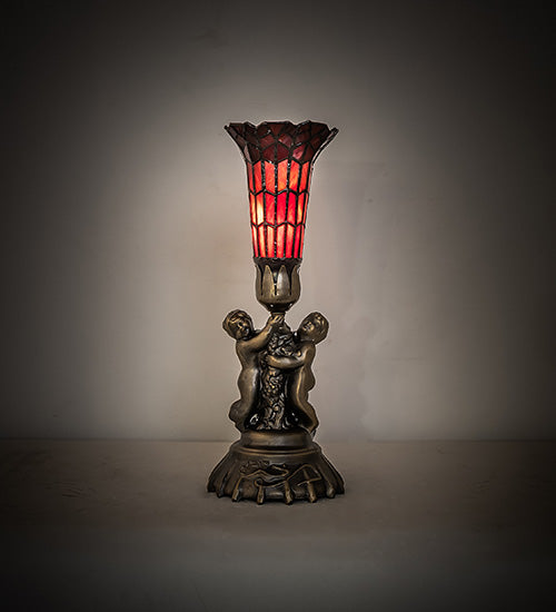 Meyda Lighting Stained Glass 13" Antique Brass Pond Lily Twin Cherub Accent Table Lamp With Red Shade Glass