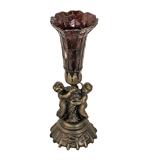 Meyda Lighting Stained Glass 13" Antique Brass Pond Lily Twin Cherub Accent Table Lamp With Red Shade Glass
