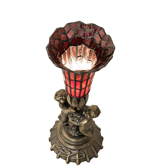 Meyda Lighting Stained Glass 13" Antique Brass Pond Lily Twin Cherub Accent Table Lamp With Red Shade Glass