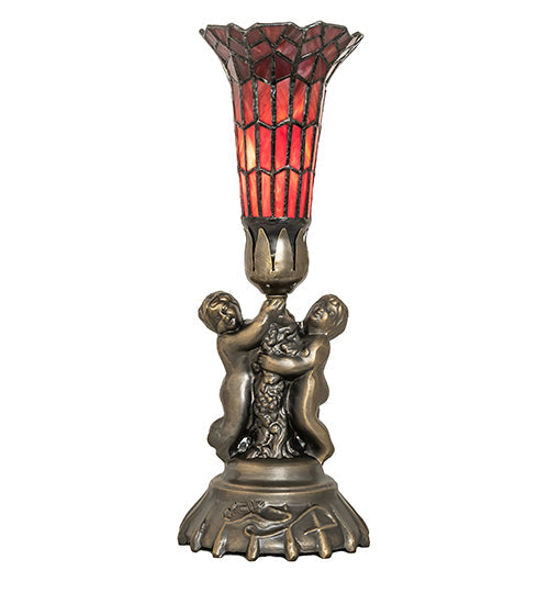 Meyda Lighting Stained Glass 13" Antique Brass Pond Lily Twin Cherub Accent Table Lamp With Red Shade Glass