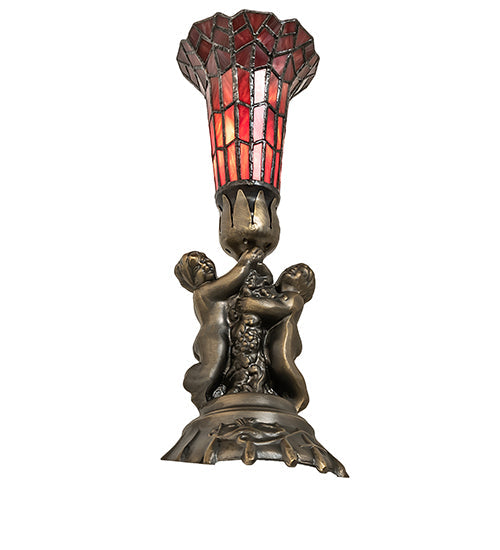Meyda Lighting Stained Glass 13" Antique Brass Pond Lily Twin Cherub Accent Table Lamp With Red Shade Glass