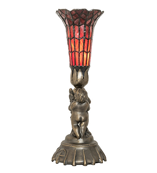 Meyda Lighting Stained Glass 13" Antique Brass Pond Lily Twin Cherub Accent Table Lamp With Red Shade Glass