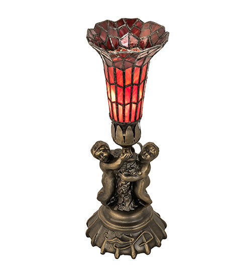 Meyda Lighting Stained Glass 13" Antique Brass Pond Lily Twin Cherub Accent Table Lamp With Red Shade Glass
