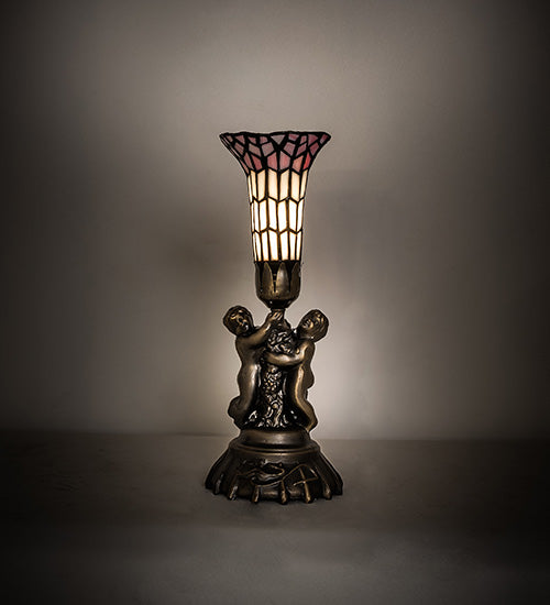 Meyda Lighting Stained Glass Pond Lily 13" Antique Brass Table Lamp With Pink & White Shade Glass