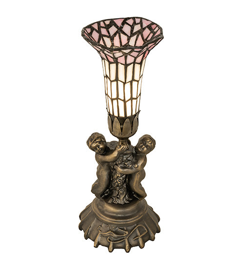 Meyda Lighting Stained Glass Pond Lily 13" Antique Brass Table Lamp With Pink & White Shade Glass