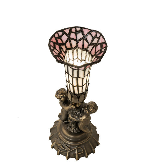 Meyda Lighting Stained Glass Pond Lily 13" Antique Brass Table Lamp With Pink & White Shade Glass